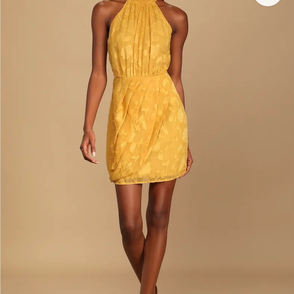 Lulu's Yellow Ruched Halter Mini Dress